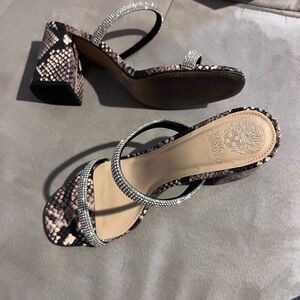 Vince Camuto Snakeskin and Black Heels with Sparkling Straps